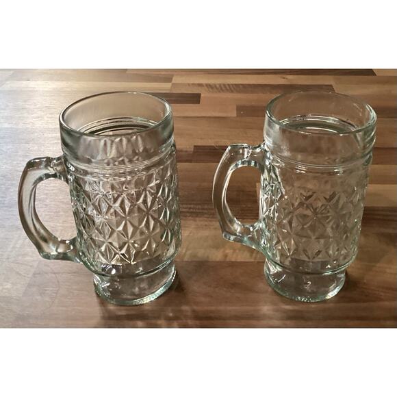 Vintage 5 3/4” Anchor Hocking Glass Mug Quilted Diamond Point Pattern Set Of 2 - Picture 1 of 11